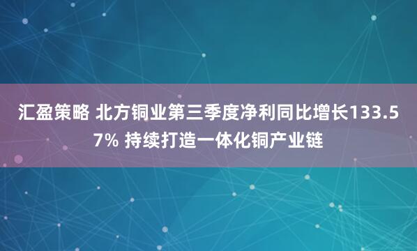 汇盈策略 北方铜业第三季度净利同比增长133.57% 持续打造一体化铜产业链